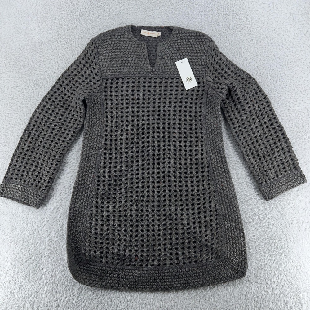 Tory Burch Sweater Womens Extra Small Gray Shetland Wool Silk Open Knit Pullover